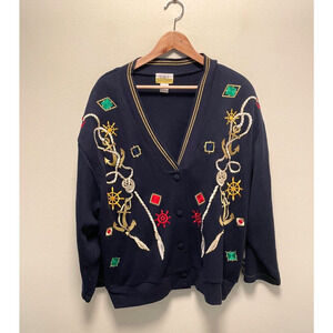 Vintage CST Sport Womens Cardigan 2X Navy Nautical Embroidered V Neck Artsy 90s